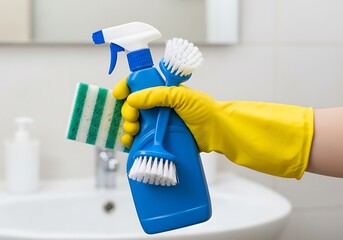 Hand in yellow glove holds cleaning supplies over sink.