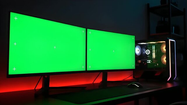 Dual Green Screen Monitors and Gaming PC Setup in a Dark Room. Generative AI