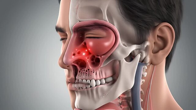 Human Sinus Anatomy Illustration - This video depicts a detailed anatomical illustration of the human sinuses, showing the nasal cavity, sinuses, teeth, and other internal structures of the head.
