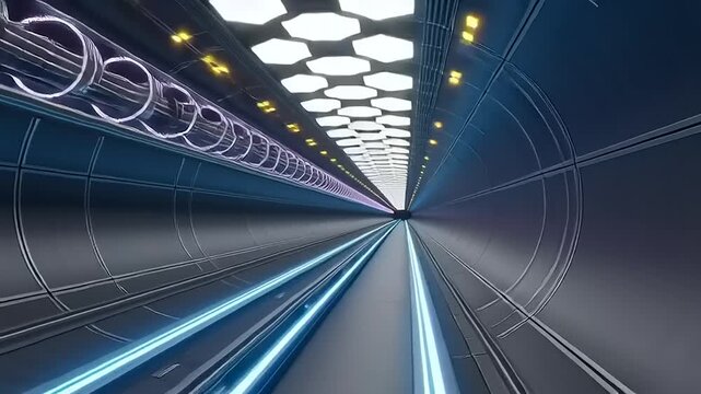 Futuristic Tunnel with Neon Lights and Rails.