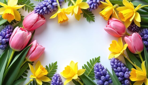 Pink tulips yellow daffodils and purple hyacinths arranged on white background. Spring floral border with green leaves for greeting cards invitations and happy easter.
