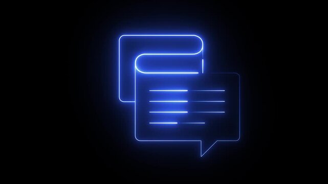 Glowing neon message bubble and document icons animation on a black background, communication, chat, feedback, or information exchange