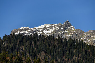 Rugged mountain slope with sparse snow and dense evergreen forest, perfect for nature and winter themes. © NastyaPhoto