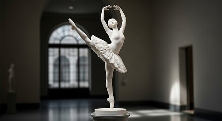 Sculpted dancer balances gracefully in a museum setting.