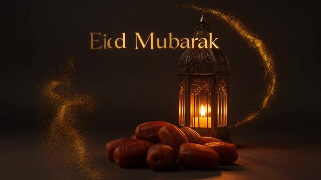 Eid Mubarak lantern with dates in warm golden lighting on dark background for Islamic greeting card