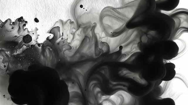 Abstract black ink and droplets in motion on a textured white surface