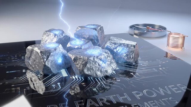 Rare earth mineral nuggets glowing reflective circuit board with power coil and modern elements evoking advanced energy innovation and industrial