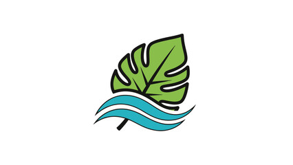 Fototapeta premium Stylized illustration of a green leaf and blue waves on a white background