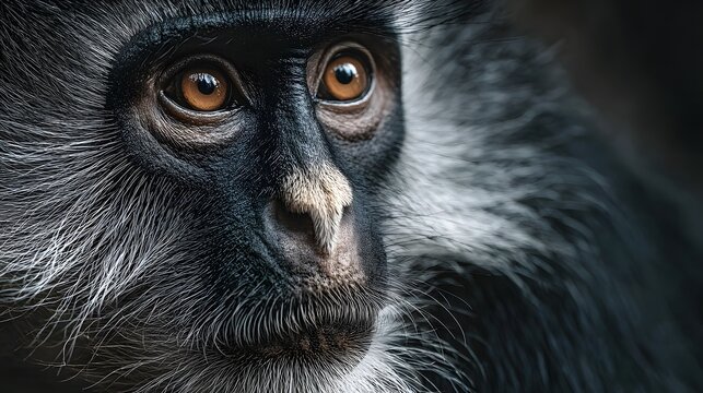 Portrait of a black-furred langur monkey with a striking white beard and golden-brown eyes is captured against a bokeh jungle background.