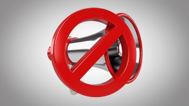 No Speaking Allowed Concept - A metallic megaphone is shown with a red prohibition sign placed over it. The video symbolizes censorship or the restriction of free speech.