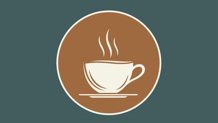 Obraz premium A coffee cup logo in a brown circle, steam rising from it, set against a teal background