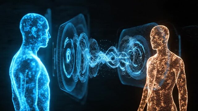 Dynamic digital human connection through an energetic data stream, visualizing advanced communication and the intricate exchange of information in a futuristic network