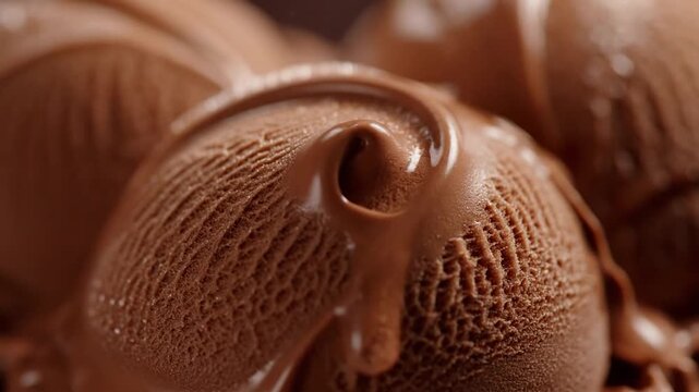 Close-up of rich chocolate ice cream scoops, textures emphasized with melting swirls, glistening
