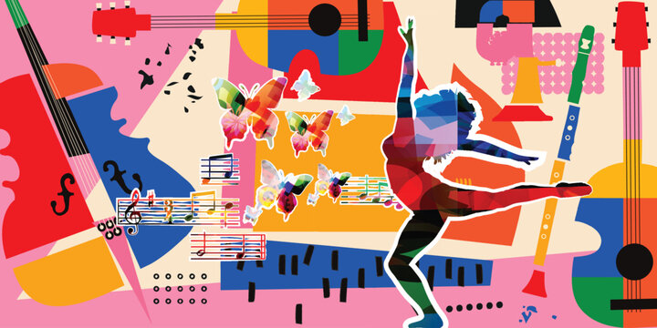 Abstract Music and Dance Collage with Female Dancer Silhouette, Violin, Guitars and Colorful Geometric Shapes