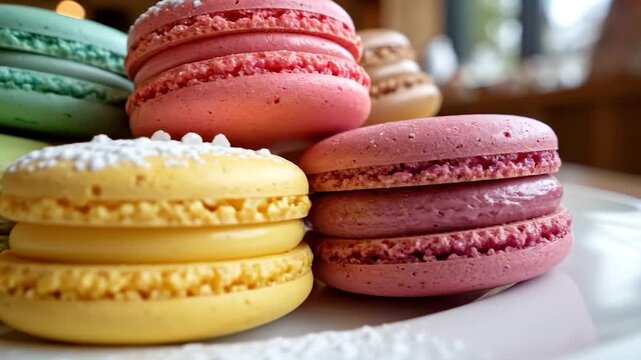 Colorful French macarons stacked on a white plate with powdered sugar
