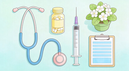 Cartoon medical illustration with stethoscope, pill bottle, syringe, clipboard, and potted plant. Colorful design symbolizing healthcare, medicine, and holistic treatment concepts