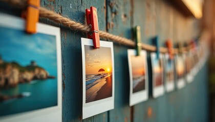 Fototapeta premium Instant photos of travel scenes hang on rustic rope and weathered wooden wall. Images show sea, beach, sunsets, islands, and coastal towns. Memories shared.