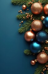 Blue and copper Christmas ornaments hang on green fir branches. Festive holiday decorations with golden berries and pine needles on dark teal background. Winter season celebration.