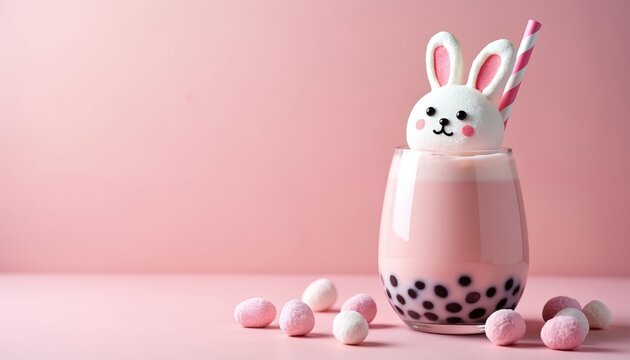 Pink creamy drink topped with marshmallow bunny. Sweet bubble tea with tapioca pearls served for Easter celebration. Fun festive beverage for kids.
