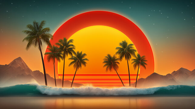 Retro 80s Vaporwave Landscape with Neon Palm Trees and Glowing Sunset Background