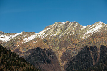 Rugged mountain slope with sparse snow and dense evergreen forest, perfect for nature and winter themes. © NastyaPhoto
