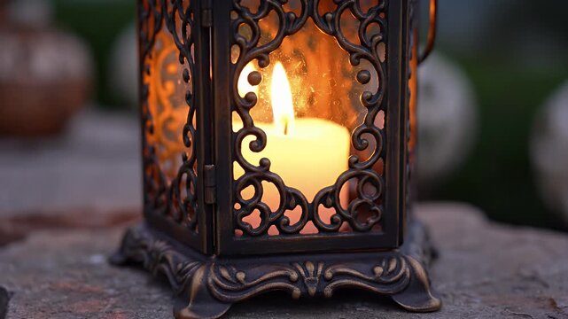 Ornamental Candle Lantern - A close-up video shows an ornate, bronze-colored metal lantern with a flickering candle inside.