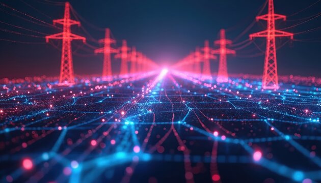 Abstract digital network shows glowing power pylons stretching to horizon. Futuristic grid lines and dots form connected data streams. Blue and red neon lights illuminate abstract energy.