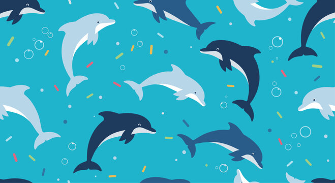 Beautiful seamless pattern featuring different shades of blue dolphins jumping and swimming in the ocean with bubbles.
