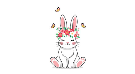 Fototapeta premium Sweet white bunny sitting with its eyes closed wearing a vibrant floral wreath and surrounded by small yellow butterflies.