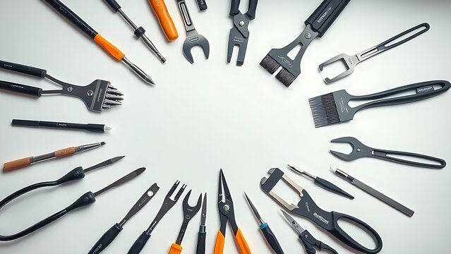 notability. Professional tools arranged in a circular pattern on a clean white surface, minimalist technical aesthetic. safety posters.