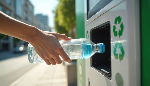 Person inserts plastic bottle into street recycling machine. Hand with bottle near slot. Green recycling symbols visible on machine. Urban environment, sunny day.