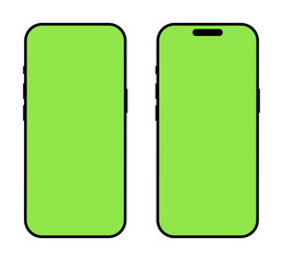 Smartphone frame backdrop set. Blank smart phone green screen. Gadget symbols. Device flat front view. Mobile phone black icons isolated on white background. Signs for website design, ui, mobile app.