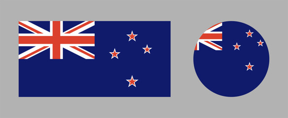 New Zealand Flag circle, rectangle icons. Set of round, rectangular flag of New Zealand badges. National flag of New Zealand circular button.