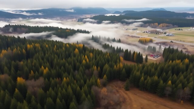 oganesson. Aerial view of Oregon's Willamette Valley in autumn, mist over forests and farms after rain. representing seasonal cycles and harvest abundance.