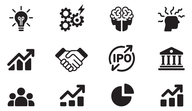 Business and finance icons set. idea, gears, brain, stress, growth, handshake, ipo, bank, group