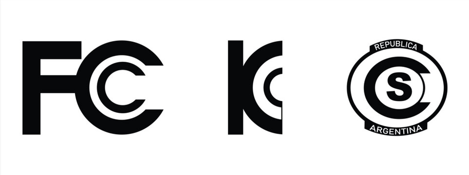 Product packaging icon, product safety quality standards verified internationally, FCC, KC, S isolated