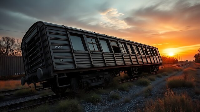derailed. A derailed train carriage on its side on an abandoned overgrown railway. mobility guides, transit brochures, designed for mobility and urban transit guides, used by marketplace managers.