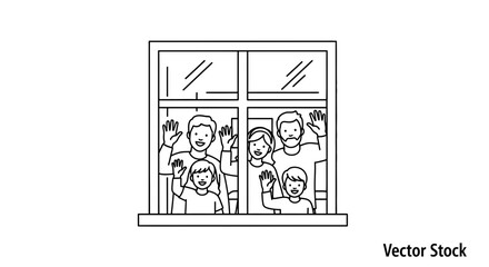 Obraz premium Family Waving From Window, Staying Home, Social Distancing, Quarantine Concept