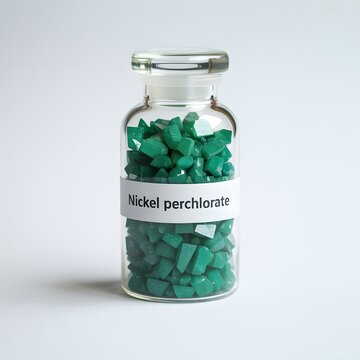Nickel Perchlorate Crystals in Glass Bottle, Chemical Compound Sample, Laboratory Research Material, Scientific Experiment Concept
