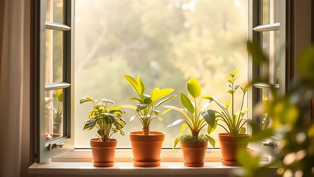 hesperidium. Potted plants being moved to a sunny windowsill with warm morning light. lifestyle magazines, social media lookbooks, designed for influencer and brand collaborations.