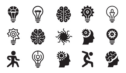 Fototapeta premium Creative innovation and cognitive function symbols featuring light bulbs gears and brain art
