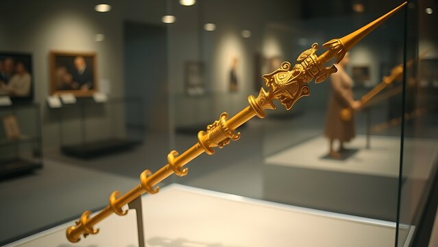 glaive. A ceremonial gilded glaive with carved shaft displayed in a museum. event programs, museum guides, designed for cultural heritage projects and event programs, preserves heritage.