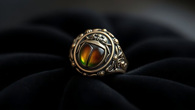 khepri. Ornate scarab beetle gemstone seal ring on black velvet with detailed carving. wildlife magazines, conservation campaigns, designed for eco-tourism storytelling, used by recruiters.