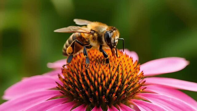 Close-up of a bee collecting nectar from a vibrant pink coneflower with a blurred green background, warm tones.