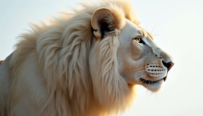 White lion profile closeup with fluffy mane and golden eyes. Majestic wild cat looks to side in natural light. Powerful animal head detailed fur texture. Regal feline portrait.