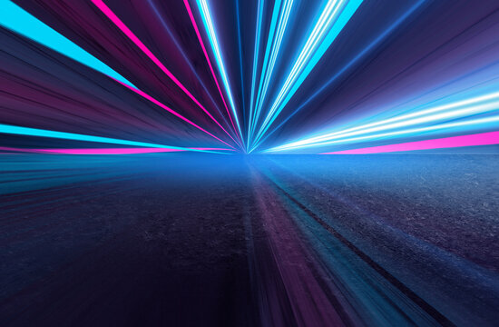 Background of empty room, concrete floor and walls, tiles. Multicolored laser lines, neon light, smoke