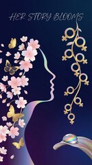 Floral silhouette of a woman with butterflies on colorful background  