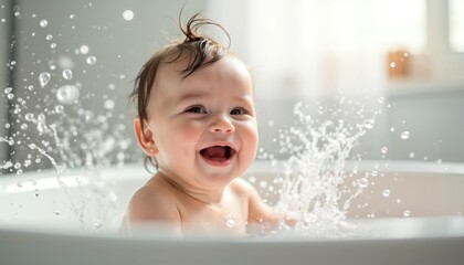 Joyful baby laughs and splashes in bathtub. Water sprays around happy toddler during bath time fun. Clean innocent child enjoys playful hygiene moment in soft light.
