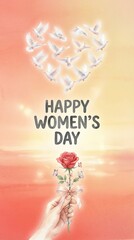 Hand holding rose with heart-shaped doves for Women's Day celebration  
