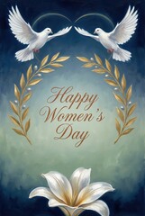 Happy Women&rsquo;s Day greeting with white doves and decorative flowers  